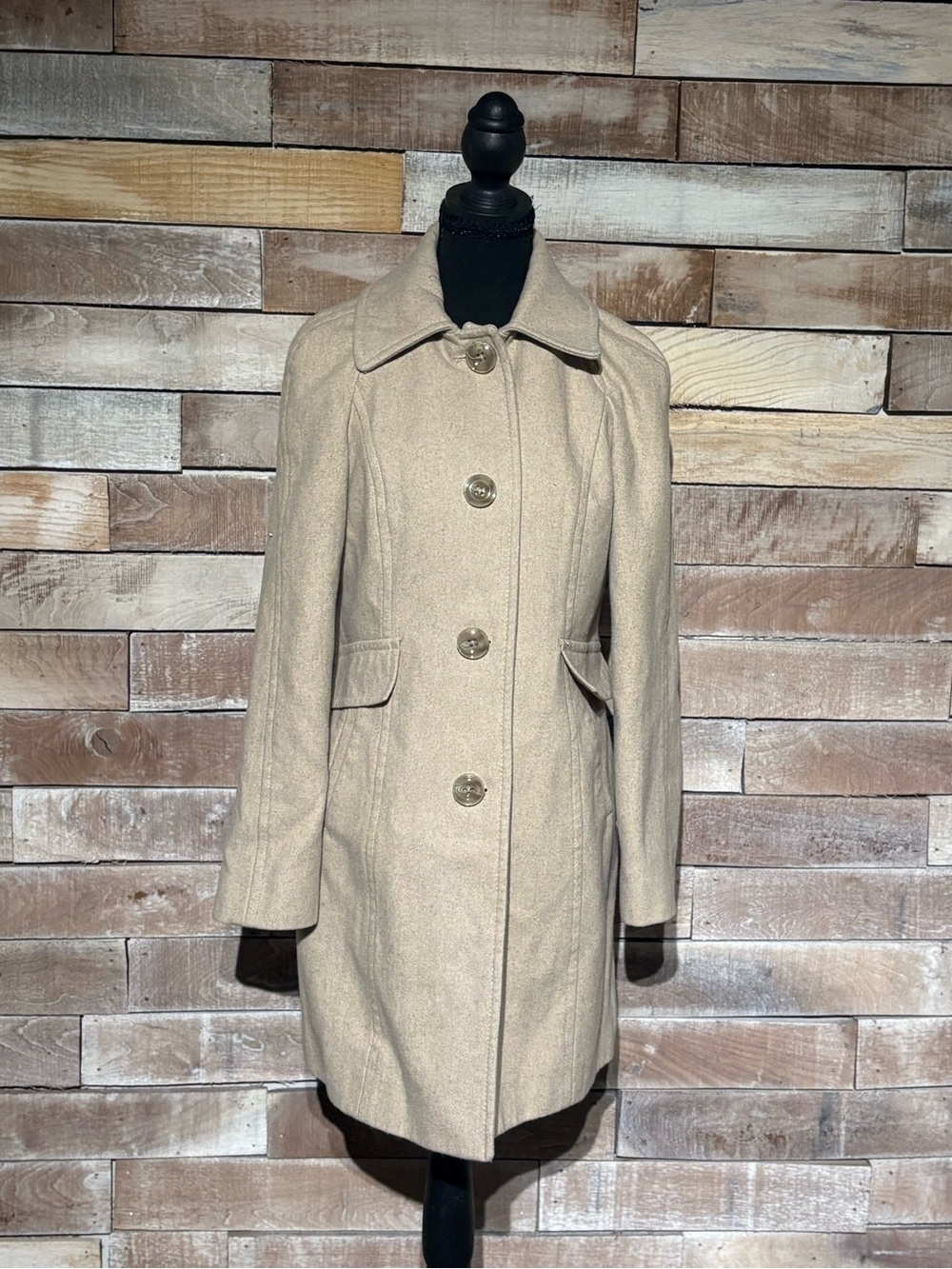 London Fog Vintage 60% Wool Blend Pea Coat Mid Length Tan Jacket Size XS